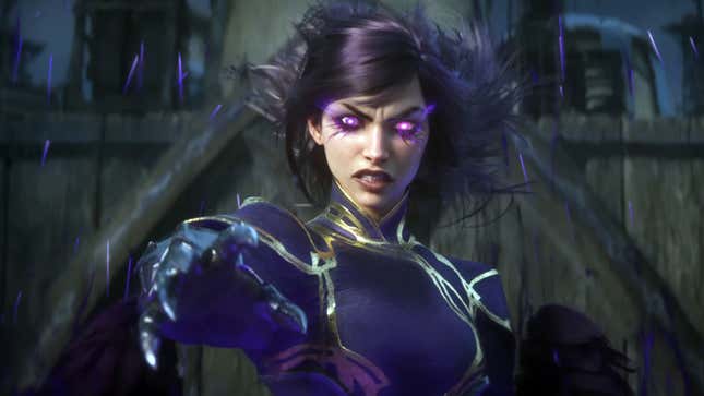 A League of Legends champion extends her right hand as her eyes glow and hair rises.