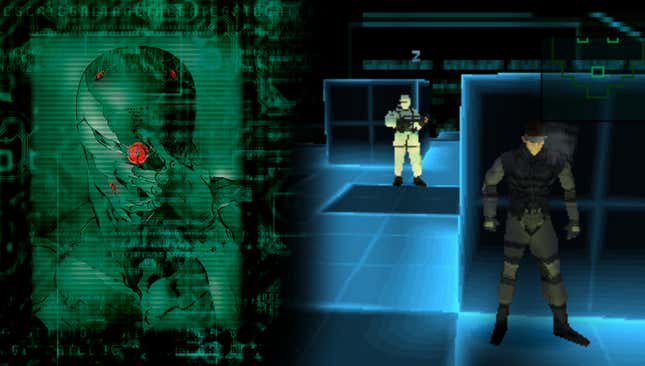 A composite image shows the cybernetic ninja Gray Fox and Snake sneaking in a virtual reality environment.