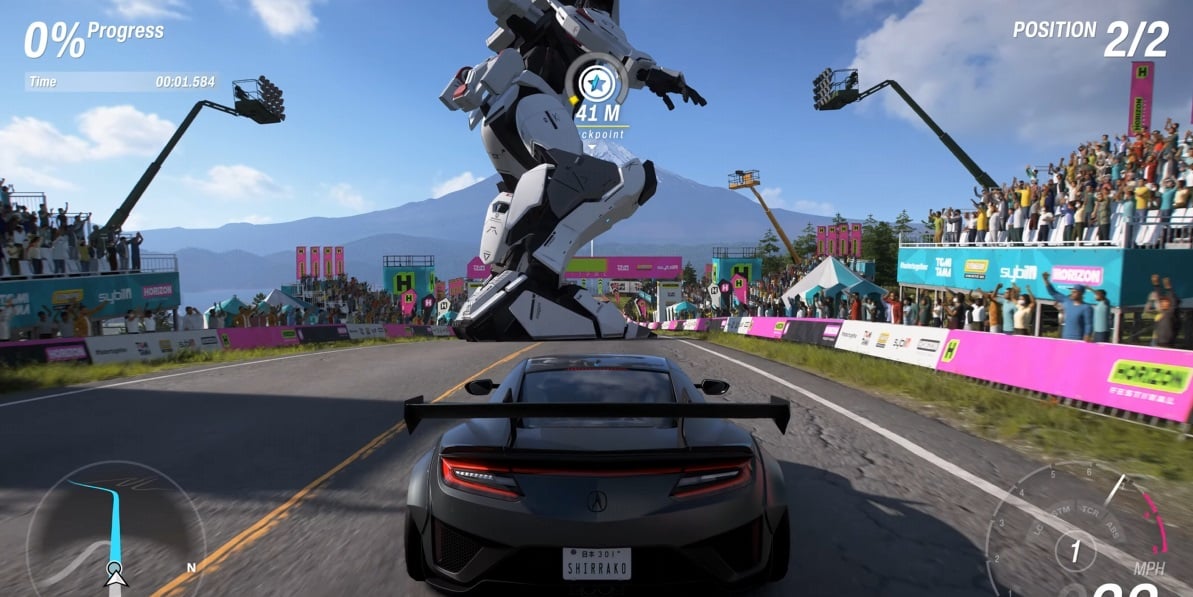 Forza Horizon 6 includes Gundam-themed vehicle racing with stunning graphics.