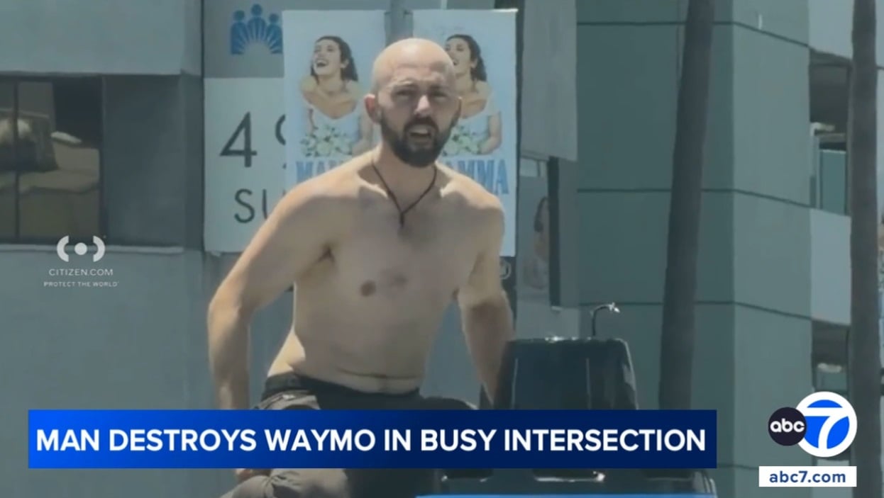 Man Without Shirt Initiates Demonstration Against Waymo in East Hollywood