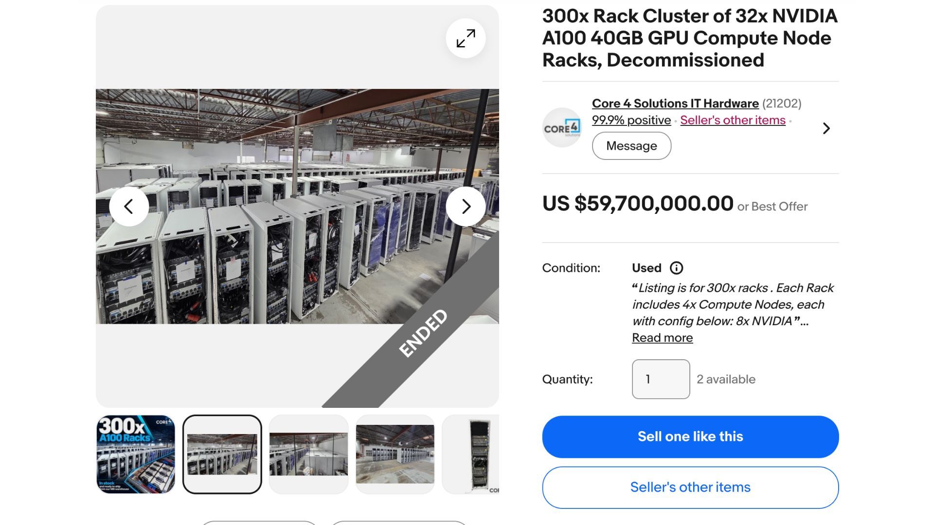 $60 million AI rack cluster listed on eBay, with 1.4 petabytes of memory and almost 10,000 Nvidia AI GPUs